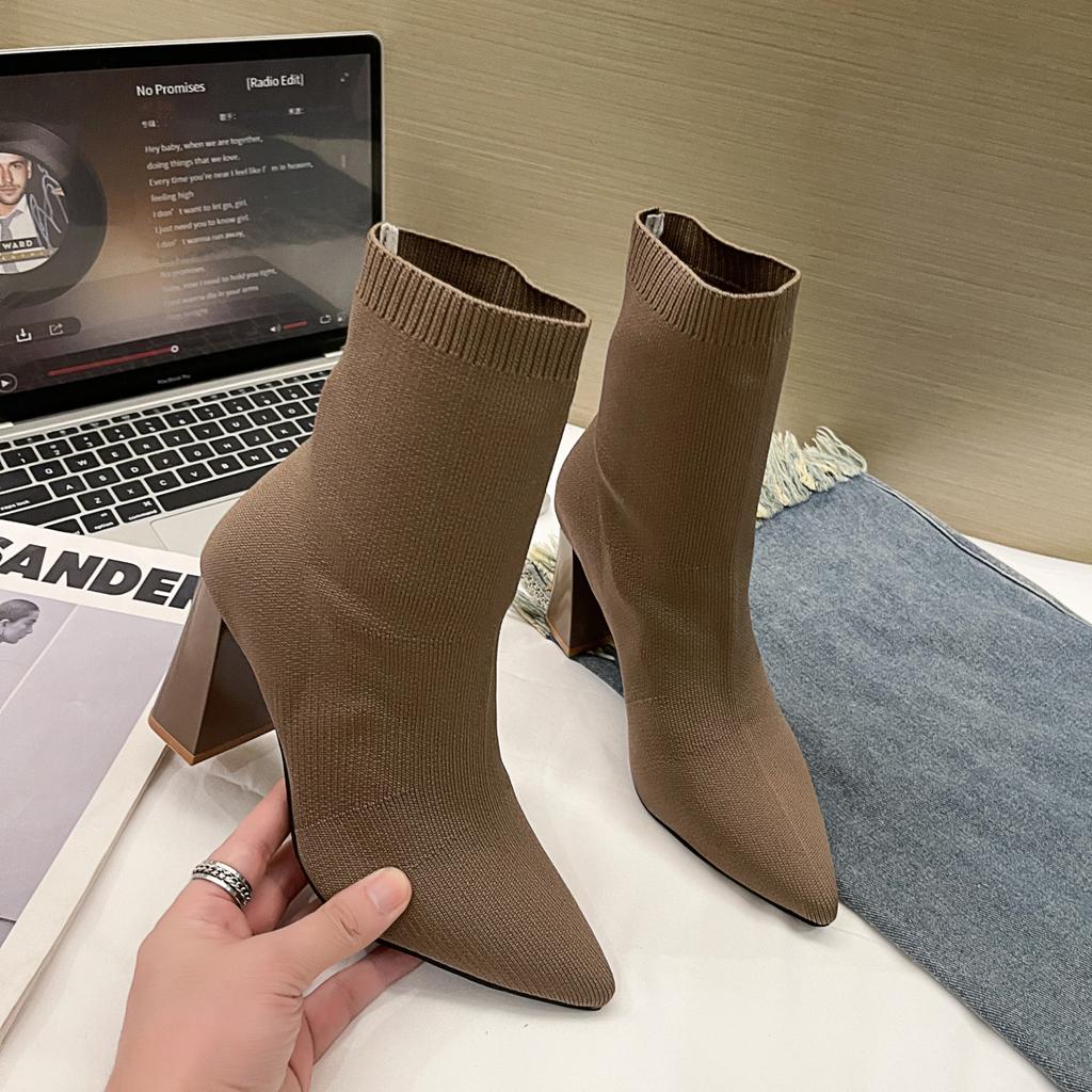 New Luxury Autumn Beige Sock Boots for Women Exotic Dancer High Heel Stiletto Winter Fashion Stretch Fabric Plus Size