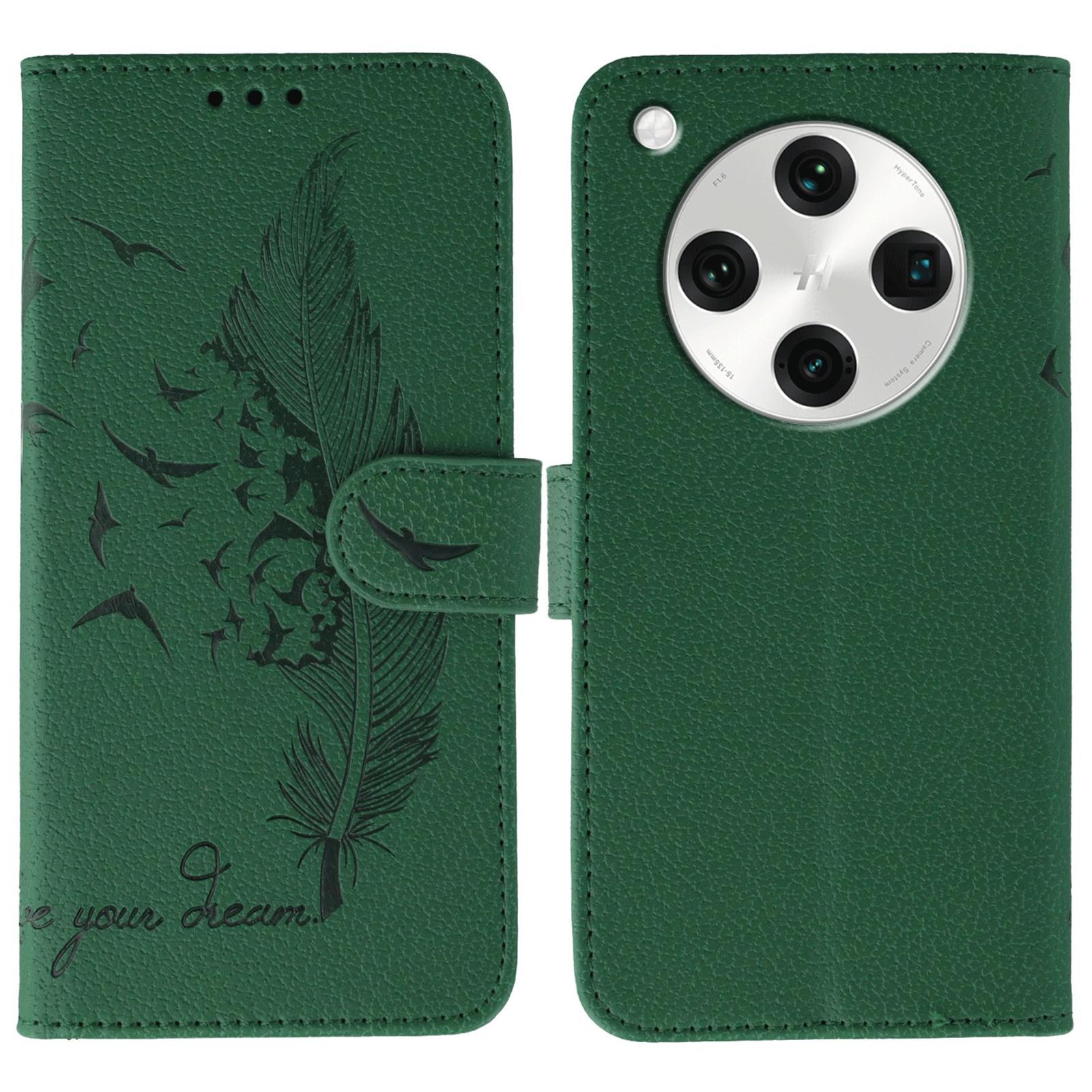 

For Oppo Find X8 Pro 5G Case Feather Imprint PU Leather Wallet Phone Cover Green