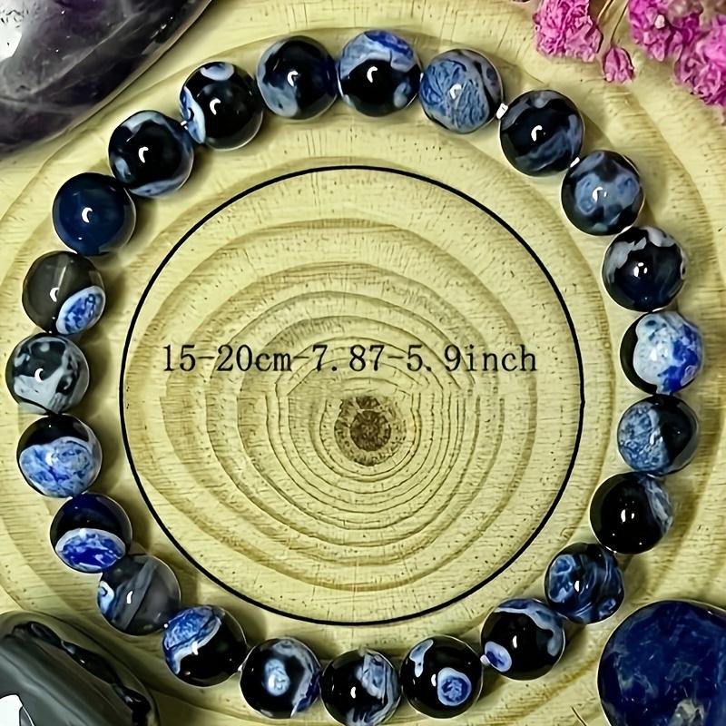 8mm Black, White, and Blue Round Bead Stretch Bracelet, European and American Style Colorful Printed Beaded Bracelet for Men and Women, Suitable for