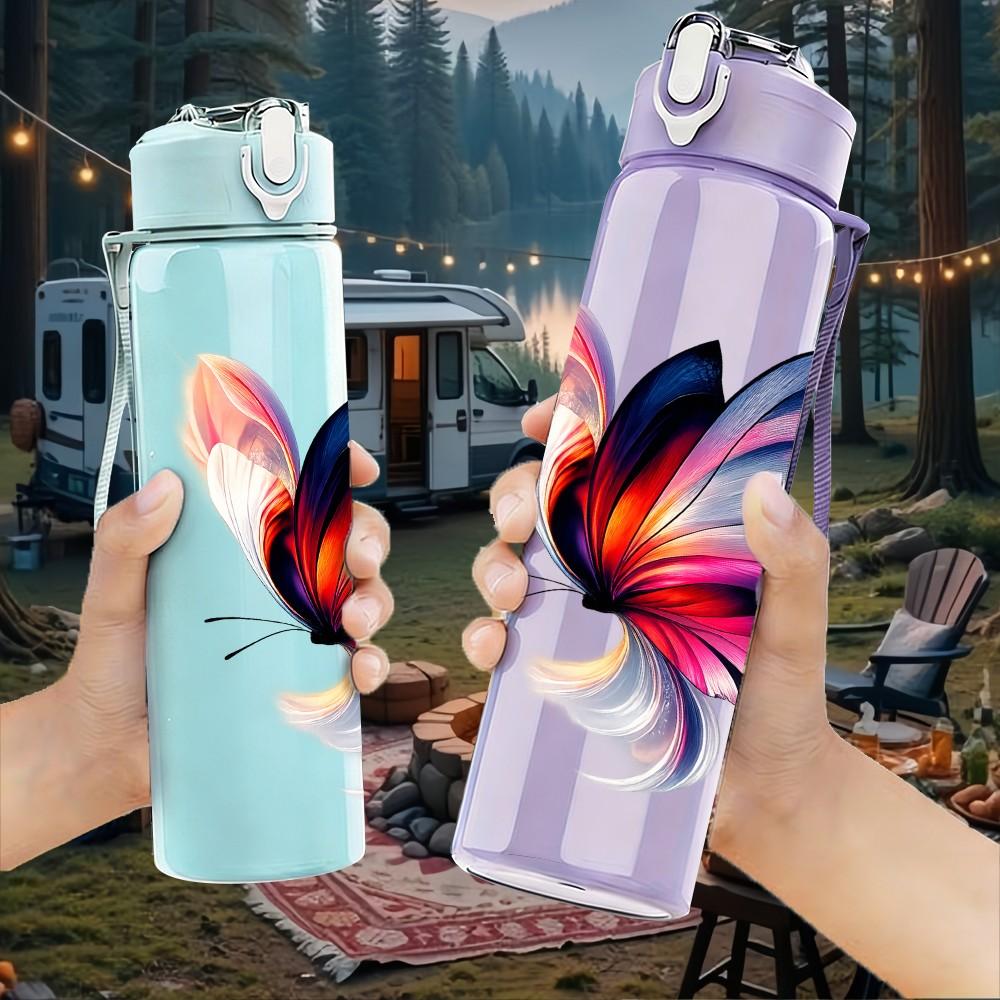 1PC Watercolor Butterfly Art Pattern 750ml Color Plastic Sports Water Bottle Leakproof Flip Straw Lid Suitable for Sports Office Home Use