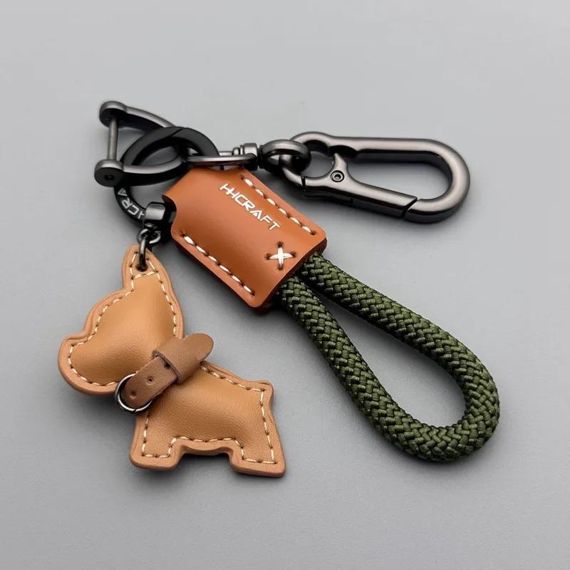 French Bulldog Keychain Handmade Genuine Leather Braided Rope Key Chain with Anti-Loss Strap for Women Men Car Key Organizer