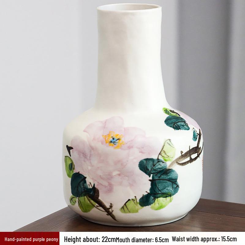 Hand-painted Peony Ceramic Vase for Hydroponic Flower Arrangement