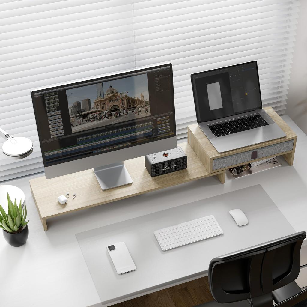 Fenge Monitor Desktop Computer Monitor Width Wooden Top PC Stand Computer Monitor Stand Desktop Laptop PC Monitor Computer Drawer Storage Oak