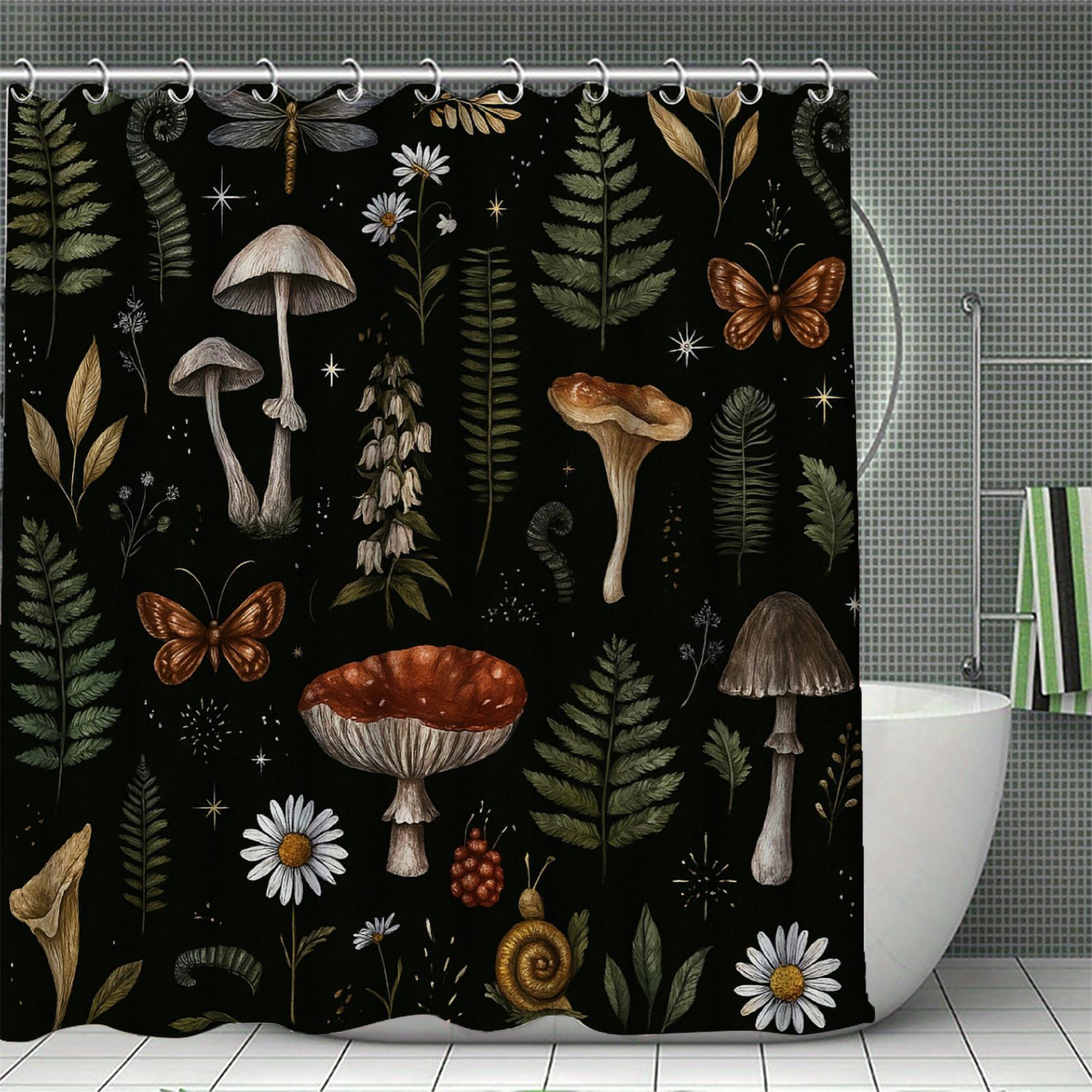 

Rustic Farmhouse Shower Curtain 3D Printing Polyester Waterproof Mushroom Wildflower Design With 12 Hooks Bathroom Accessories W60H190(CM)-1 Pcs