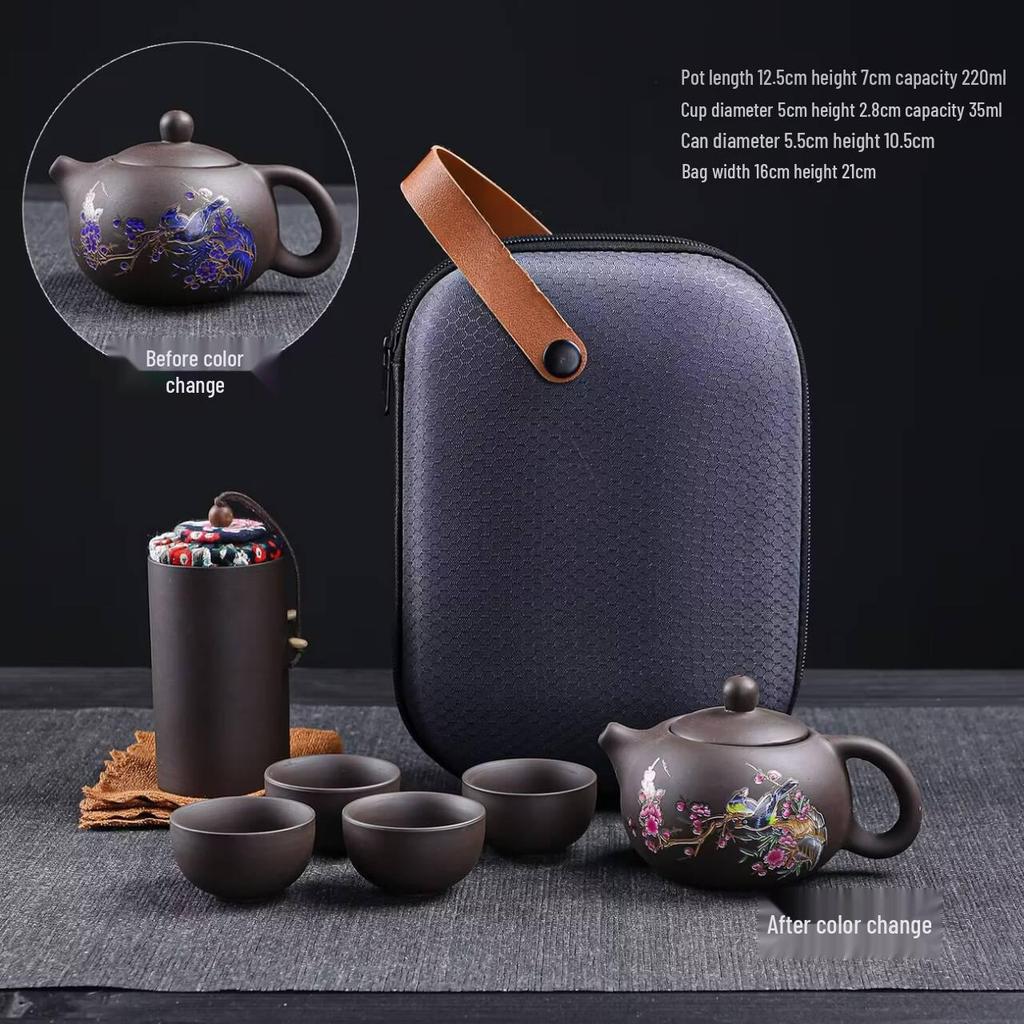Portable Purple Clay Gongfu Tea Set: Includes 1 Pot and 4 Cups with Ceramic Dry Brew Travel Bag for Outdoor Use.