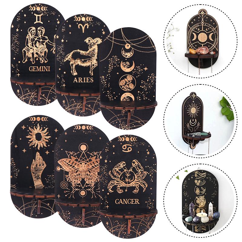 Bohemian Style Wood Carved Crystal Shelf, Wall Stand Candle Holder Display for Home