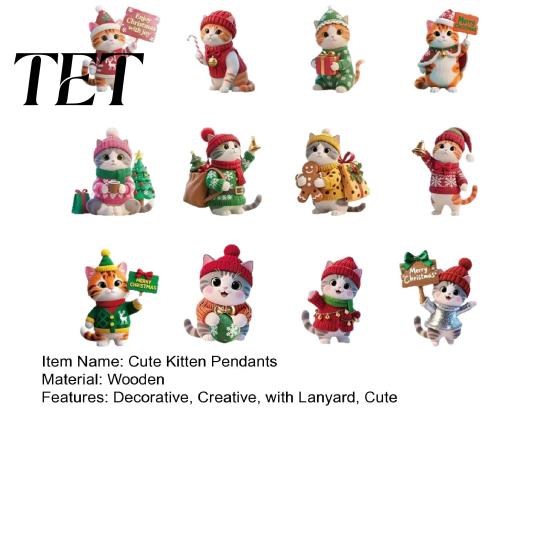 Cute Animal Tree Ornaments Kitten Christmas Hanging with Lanyards, Wooden Cat Pendants for Pendants, Decorative Charms Holiday Home Party Wall