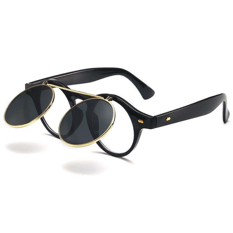 Retro Flip-Up Punk Steampunk Round Double-Layer Sunglasses European & American Trend 8008