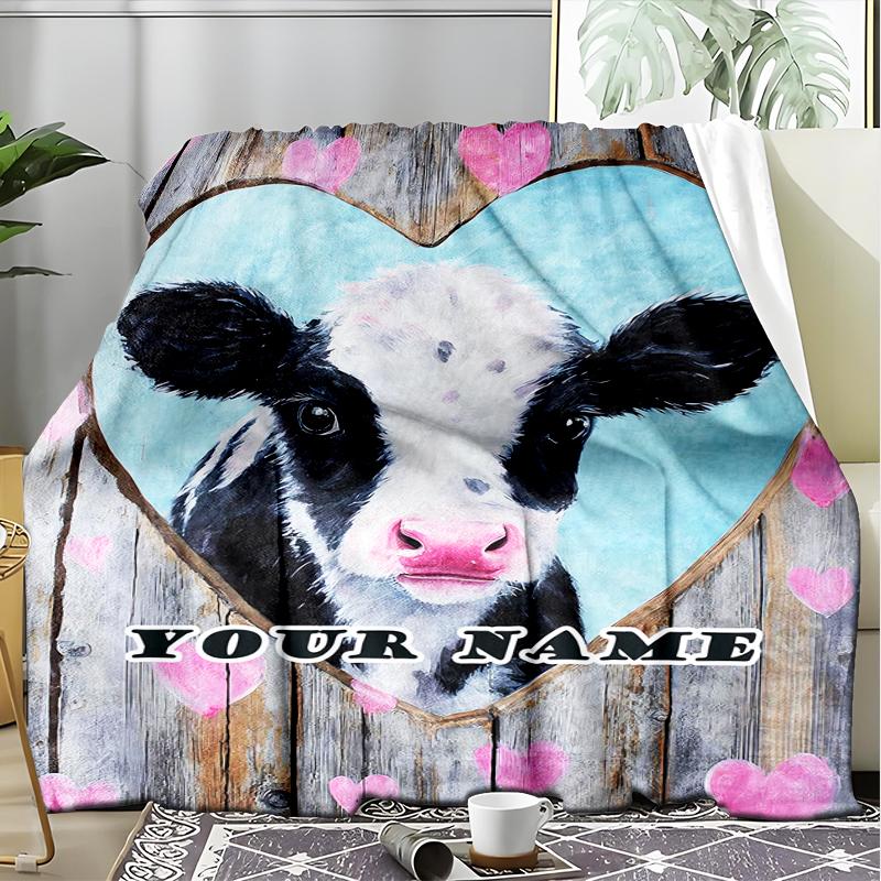 1PC Custom Name Love Cows Art Outdooor Flannel Blankets Patterns Throw Blanket All-Season Soft Gift for Couch, Bed, Camping Gifts