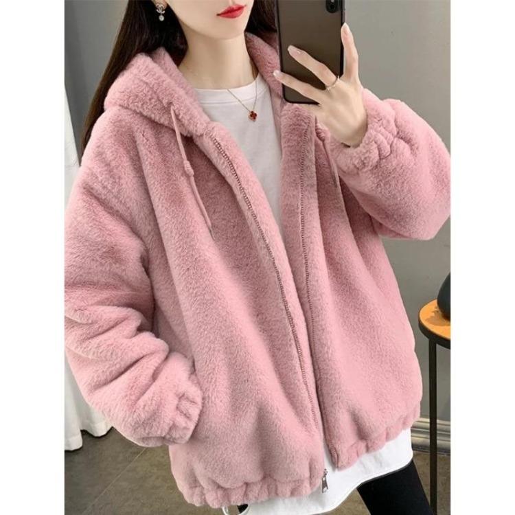 Women Loose Plush Hooded Coat Lamb Wool Thickened Medium Long Autumn Winter New Clothing Imitation Rabbit Fur Coat