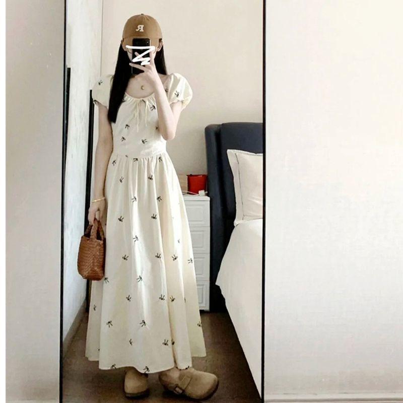 New Gentle French Lace-up Bubble Dress, Summer Waist Temperament, Thin Delivery Within Days, Printed Dress