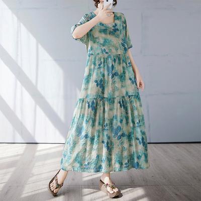 Plus Size Flower Floral Print Summer Long Dress Women Oversized Loose Ruffle Pleated Ladies Dresses Short Sleeve Woman Dress