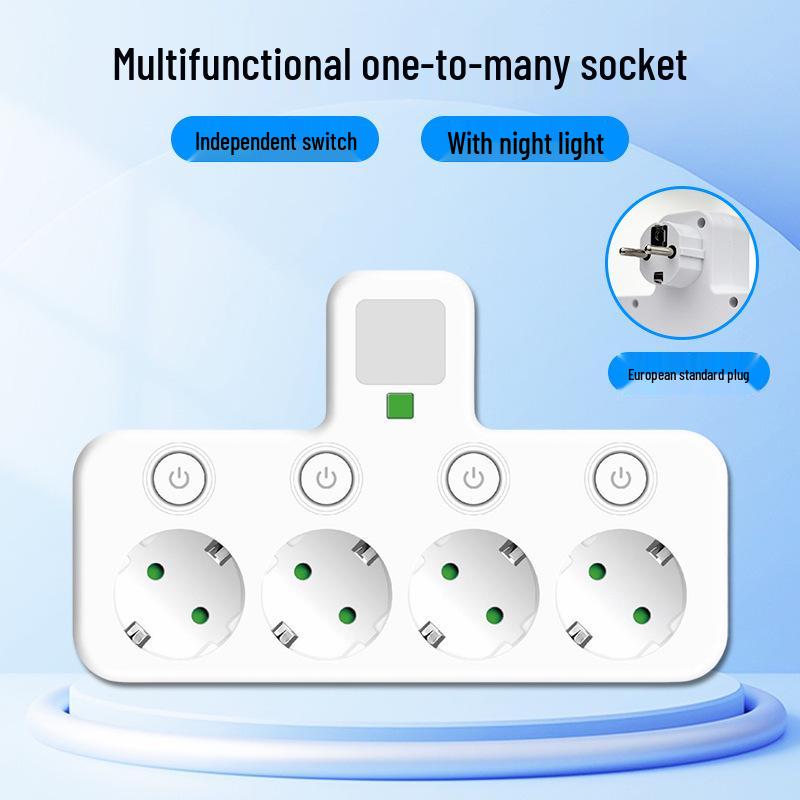 Tomada Europeia 16A 3-em-1 com Interruptor Individual e Luz Noturna, Certificado CE Adaptador Francês/Europeu