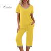 T-shirt Pants Set 2 Pcs/Set Pajamas V Neck Contrast Color Short Sleeve Women Sleepwear Loose Homewear Elastic Waist Cropped Summer Night Clothes