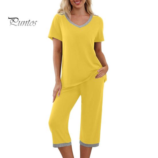 T-shirt Pants Set 2 Pcs/Set Pajamas V Neck Contrast Color Short Sleeve Women Sleepwear Loose Homewear Elastic Waist Cropped Summer Night Clothes