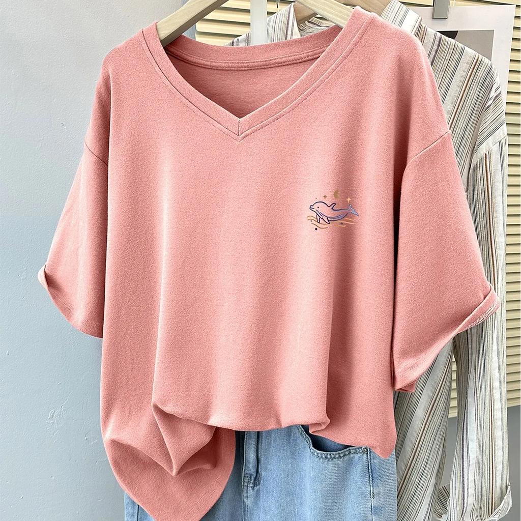 Camiseta Feminina de Verão com Manga Curta e Ombro Normal, Corte Solto, Tamanho Plus Size, Top Elegante com Decote em V e Design que Cobre a Barriga