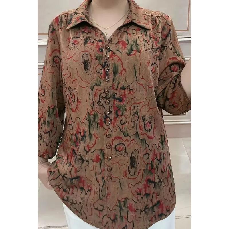 Middle-aged Elderly 2025 Fashion Shirt Loose Autumn New Mom Women's Casual Top Printed Shirt