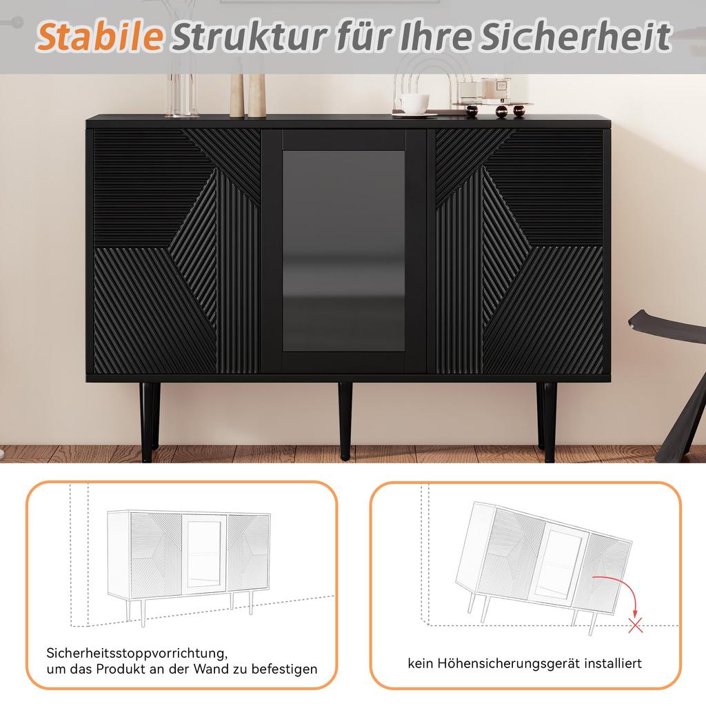 Sideboard mit 3 Türen, Kommode mit Glastür und Metalfüßen Buffetschrank für Esszimmer Wohnzimmer oder Flur, 120x38 x79.5 cm, Schwarz