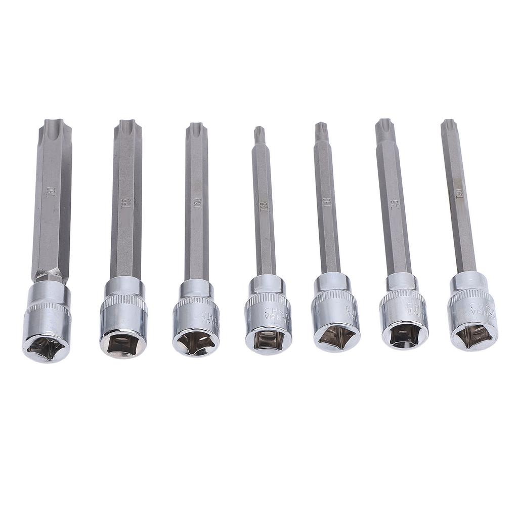 7 st 3/8 tums drivning extra lång stjärnbitshylssats T25 till T60 110 mm längd hög hårdhet för