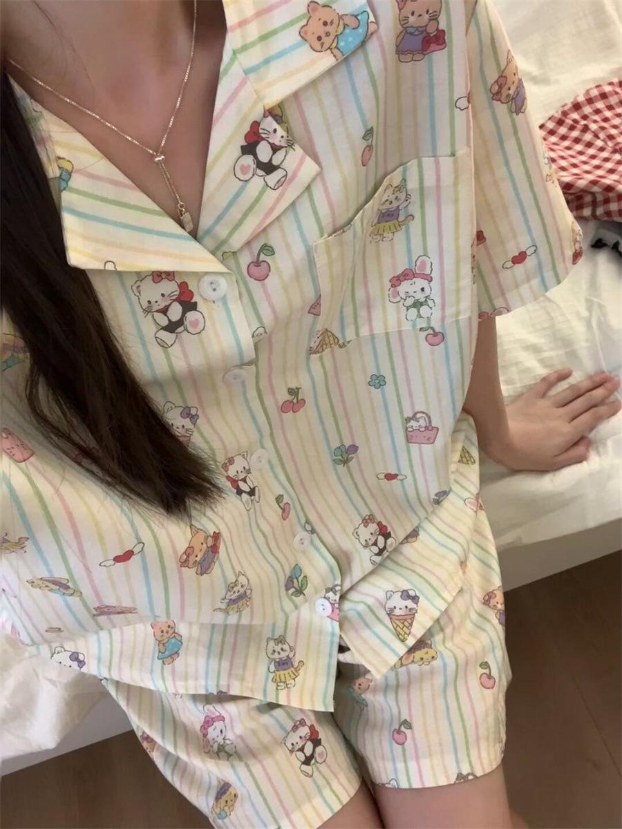 

New color striped Hello Kitty pajamas women s summer short-sleeved shorts cardigan lapel set princess style loungewear S