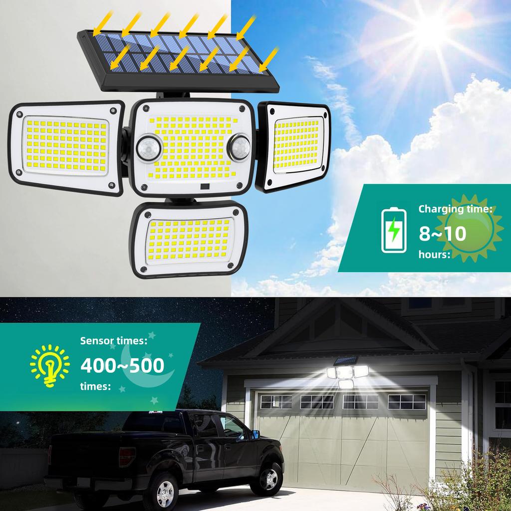 Solar Lights Outdoor, 342 LED Cordless Solar Motion Sensor Lights, 4 Heads 360° Wide Lighting Angle Security LED Flood Light