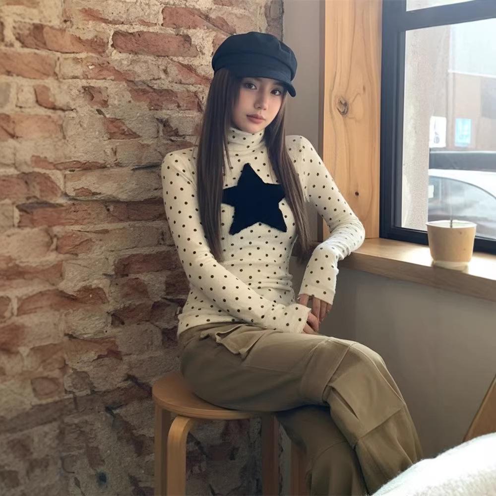 Women s American Style Retro Polka Dot Star Fleece Long Sleeve Top Large белый