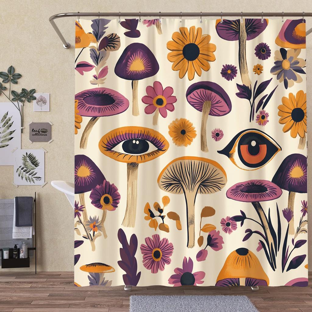 1-pack bright mushroom and floral print polyester shower curtain, beautiful design, perfect for home bathroom decoration