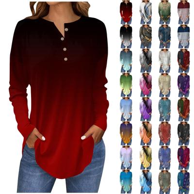 Women's Fashion Loose Button Collar Gradient Print Long Sleeve T-Shirt Tops Pullover
