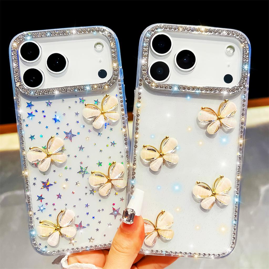 Handmade Sparkly Diamond Glass Butterfly IMD Phone Case, Compatible with iPhone 13,iPhone 14,iPhone 15,iPhone 16,iPhone 17 Series