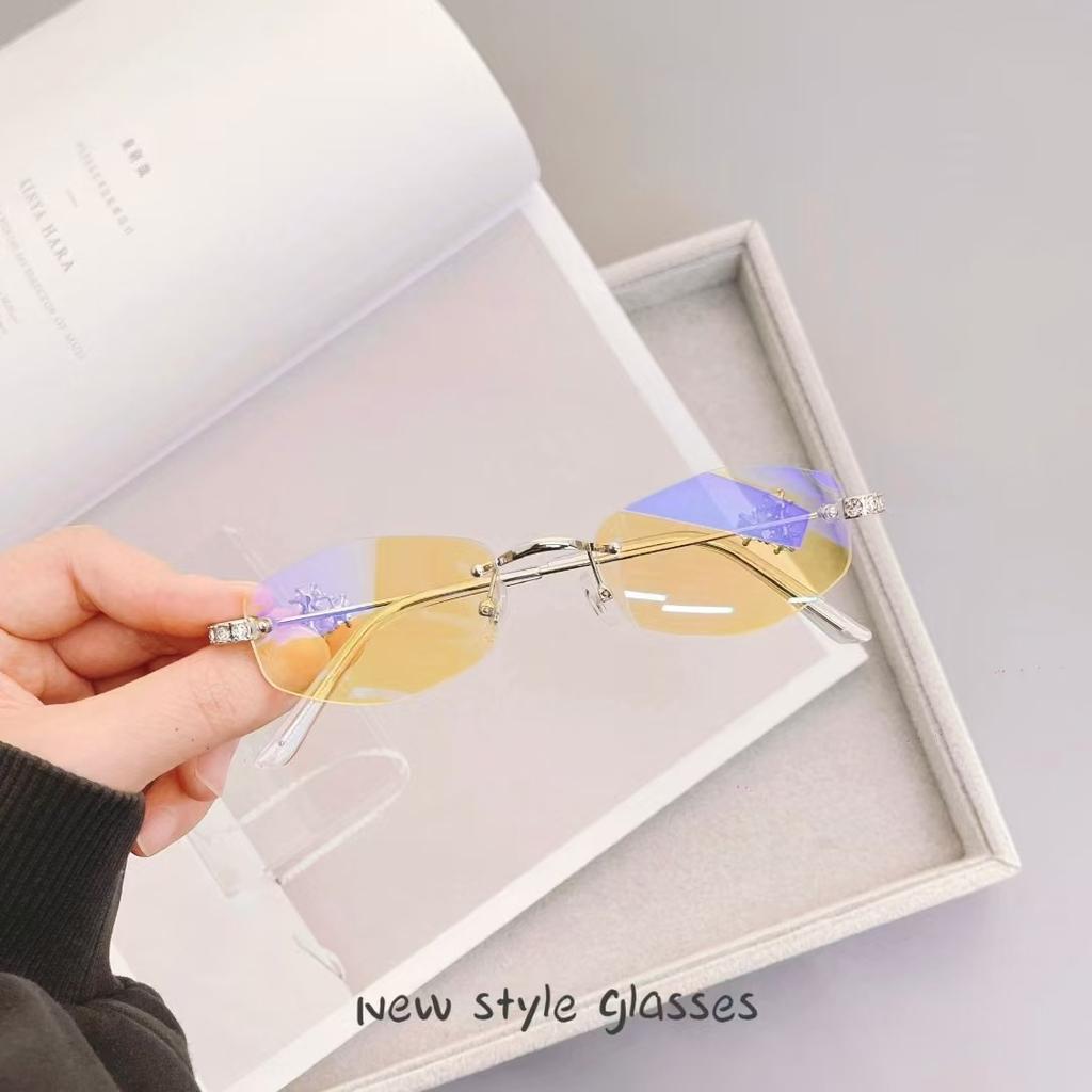 Korean Fashion Women'S Sunglasses Oval Shape Rimless Anti-Glare Sun Glasses Women Rhinestone Decoration Female Sunglass