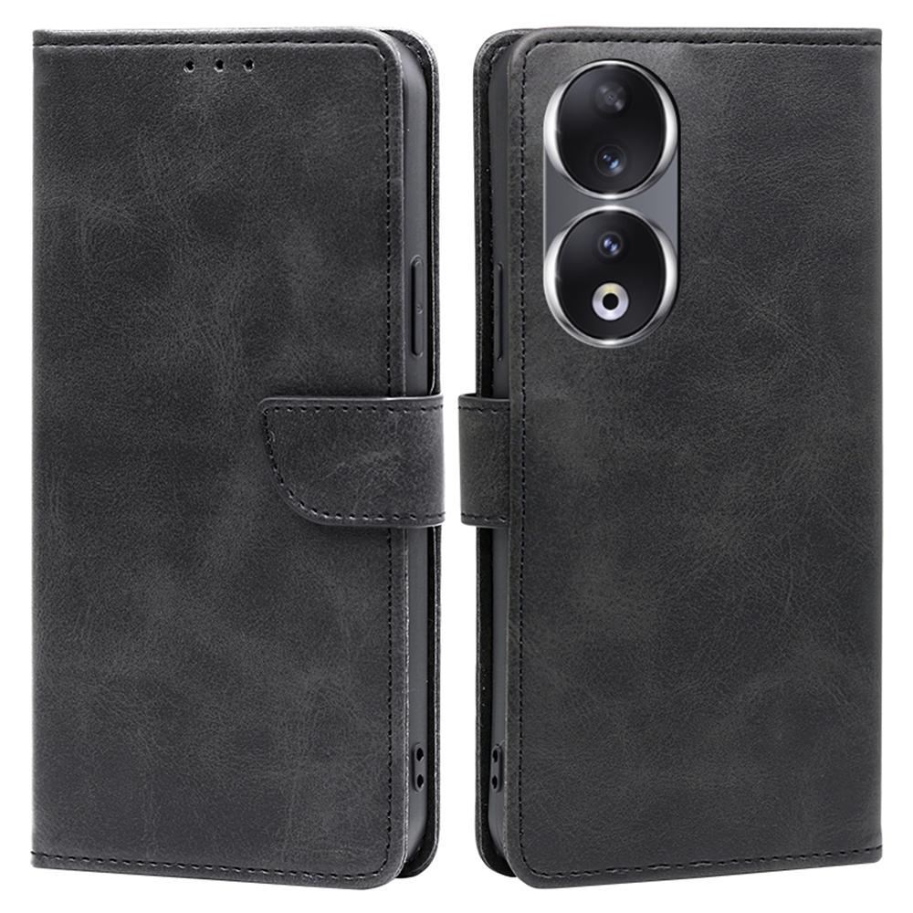 

For Honor 90 Phone Wallet Case Calf Texture TPU+PU Leather Shell Stand Anti-drop Cover Black