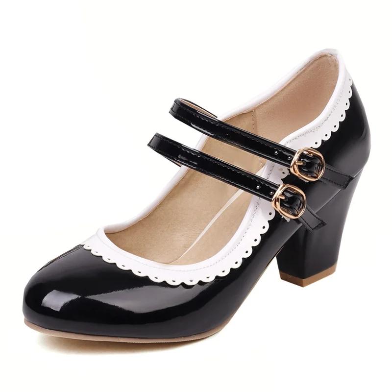 Pink Patent Leather Double Ankle Strap Mary Janes Women High Block Heels White Purple Bordered Sweet Dress Lady Round Toe Pumps