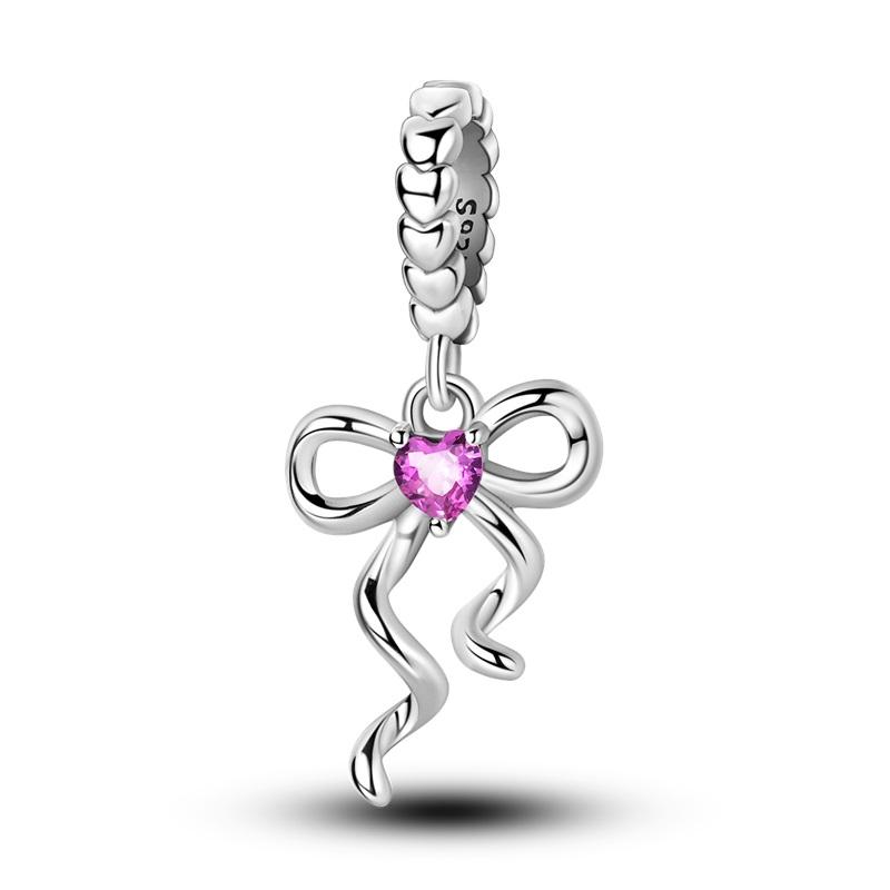 Copper Bow Charms Copper Pink Heart-Shaped Bow Pendants Charms Beads Fit Original Bangle Bracelets Diy Jewelry