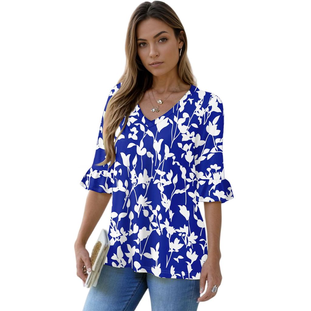 Women's Casual 3/4 Sleeve Tops V-Neck Sleeve T-Shirt Floral Print Tops