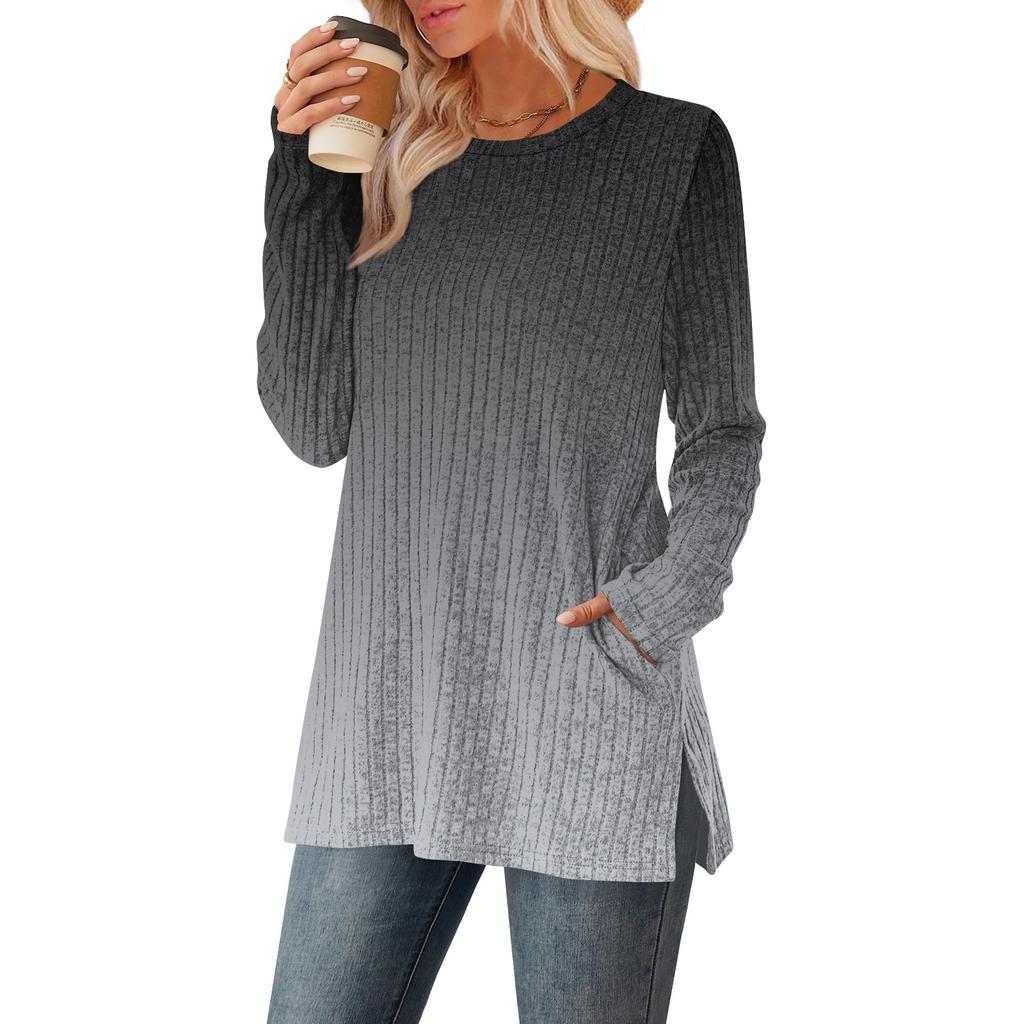 Women's Gradient Printed Round-neck Long-sleeved Top With Pockets And Side Slits