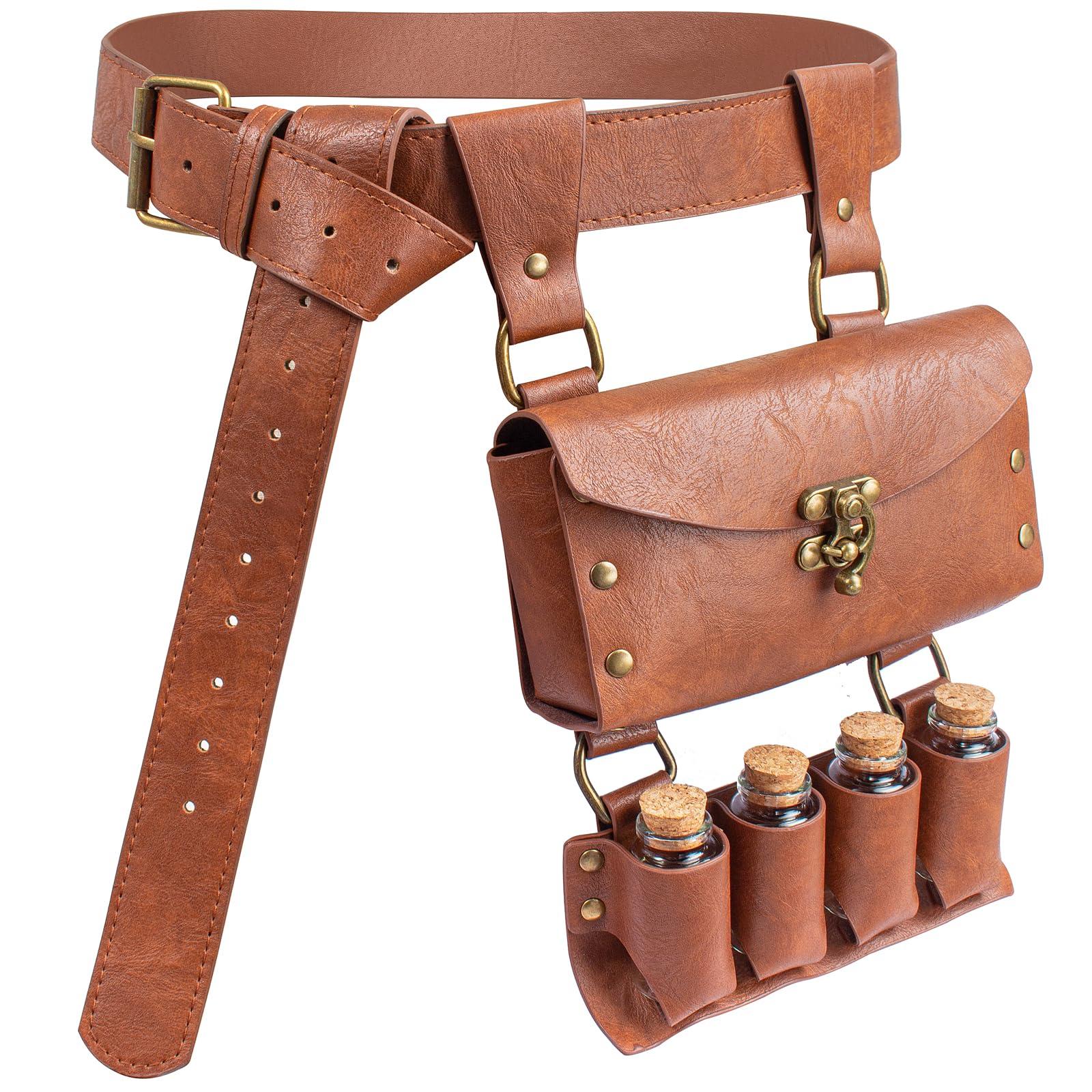 Sacoche de taille Rétro Médiéval Steampunk Cloutée en Similicuir pour Pièces et Nécessités avec 4 Flacons en Verre pour Aventures en Plein Air One Size&Other brown