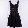 Women Black Zipper Pleated Strap Dress Gothic Street Punk Wind Cosplay Dress