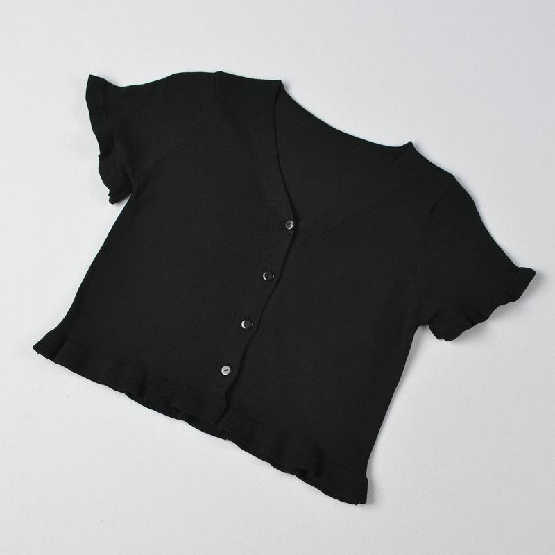 Letní krajkový krátký pletený svetr s výstřihem do V, dámská slim sto krátký kardigan s krátkým rukávem, topy, ležérní základní pohodlný styl, slim fit pulovry, trička