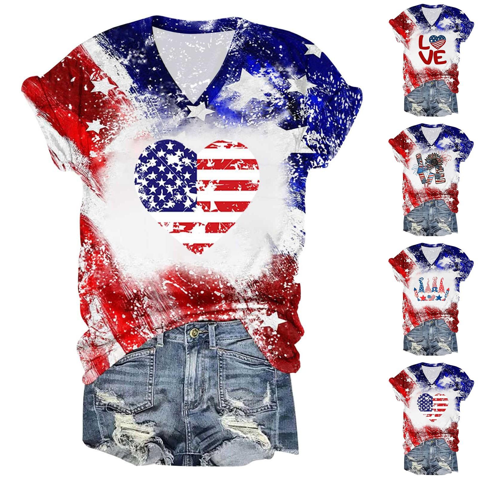 

Женская летняя модная повседневная блузка с v-образным вырезом и коротким рукавом с принтом ко Дню независимости