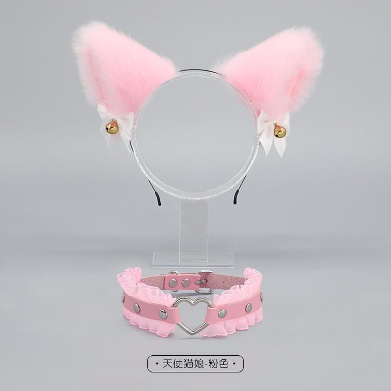 Handmade Lace Bow Choker With Bell Pendant Animal Ear Headband Set Lolita Style