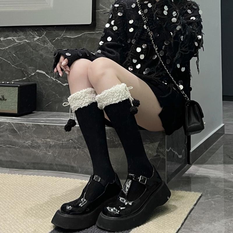 Women Winter Calf Length Boots Socks Japanese Style Cute Faux Lamb Wool Furry Trim Pompom Bowknot Stockings Leg Warmer