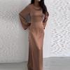 Women's Round Neck Long Sleeve Solid Colorwith Tie Back Elegant Long Dress 