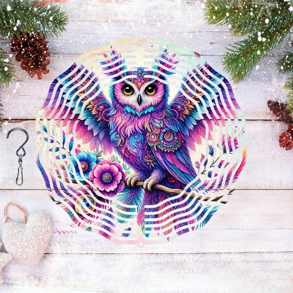 Metal Rotating Wind Chime with Owl and Floral Design Colorful Outdoor Garden Decor Soothing Sound No Electricity Needed Holiday Home