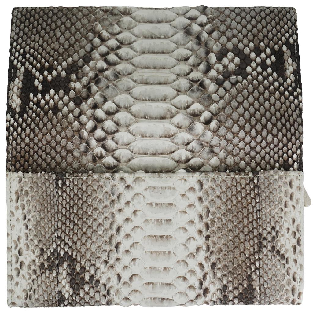 Natürliches, echtes Schlangenleder-Langportemonnaie für Damen und Herren, aus einem Stück echtem Leder gefertigt. Zu den Merkmalen gehören ein zweifach gefaltetes Design, eine Klappe