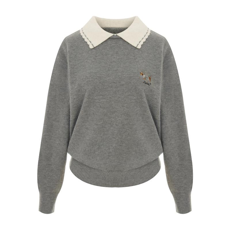 SELLY'S Collar Contrast Puppy Embroidery Knit_I6D-Ckn013