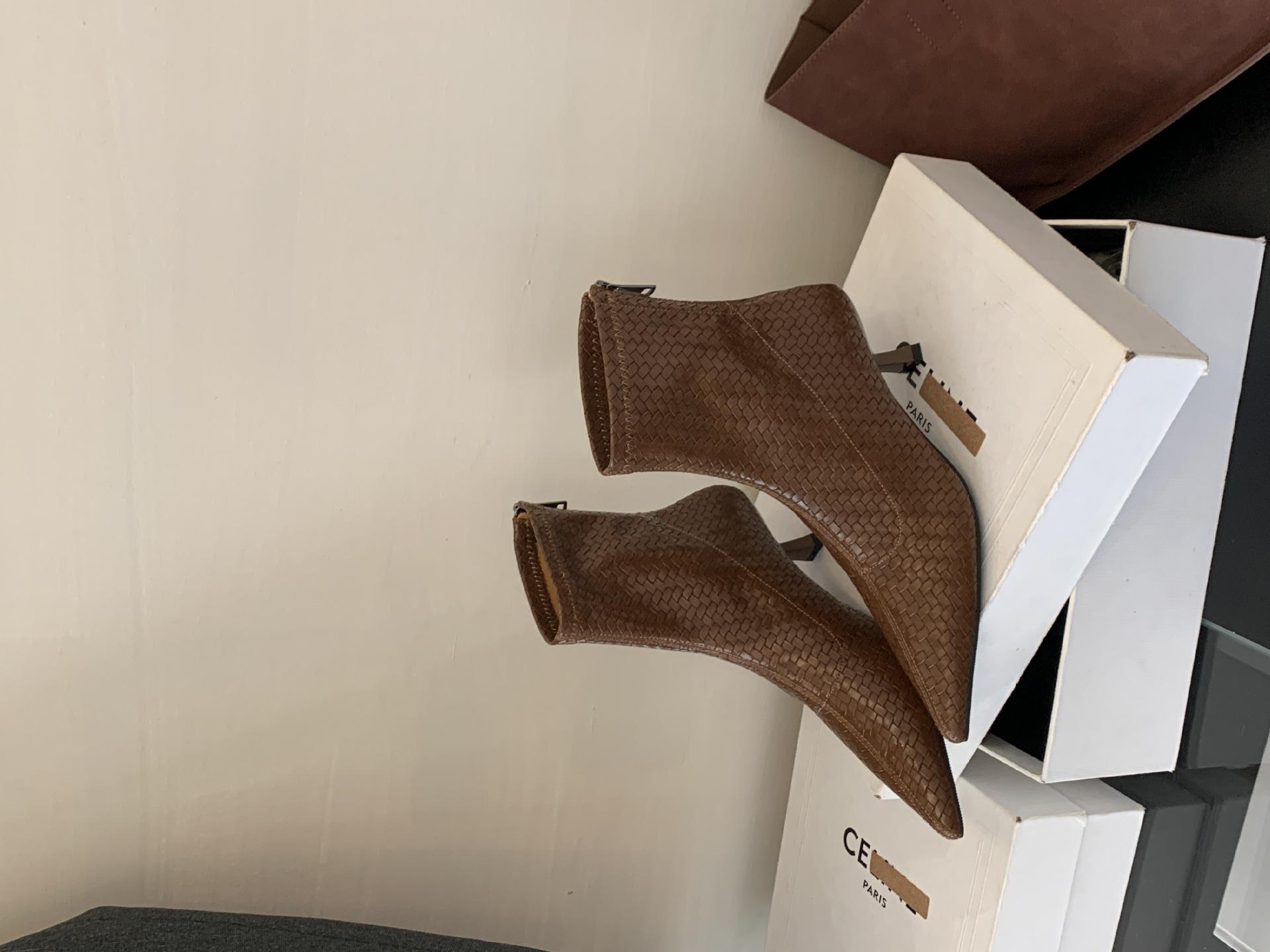 

2025 autumn and winter new pointed-toed woven loose sleeve wedge short boots women s thin high-heeled medium boots 39 коричневый