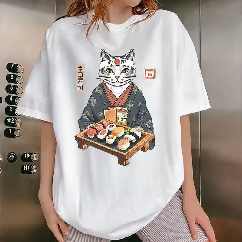 Cute Japanese Cat Sushi Kawaii Cat Gourmet T-shirt, Japanese Food Print Clothing, Harajuku Style Top for Adults.women Clothing