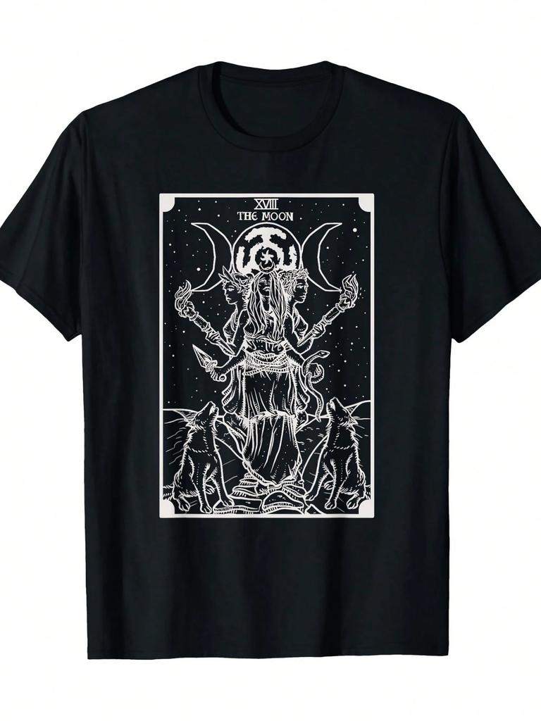 Hecate Three Moon Goddess Witch Hecate Wheel Tarot T-Shirt Men's Casual Summer Short-Sleeved Tee Round Neck Fashion Short Sleeve