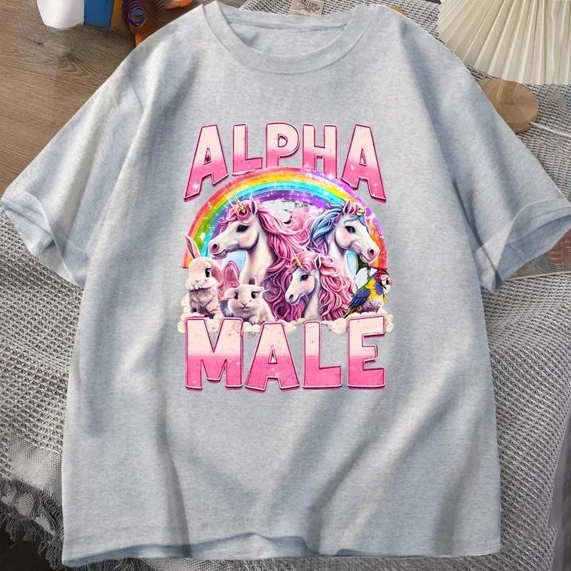 Lustiges Alpha-Männchen Einhorn Ironisch Vintage 90er T-Shirt Retro Regenbogen Unisex T-Shirt Seltsames Meme T-Shirt Grafik Damen T-Shirt Kleidung
