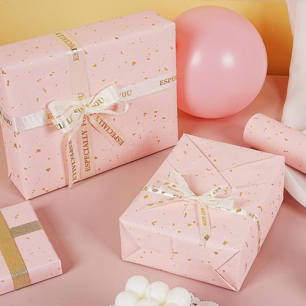 1 Roll Wrapping Paper, Pink and Golden Foil Wrapping Paper,  Kraft Paper Gift Wrap with Silvery and Golden Foil for Christmas